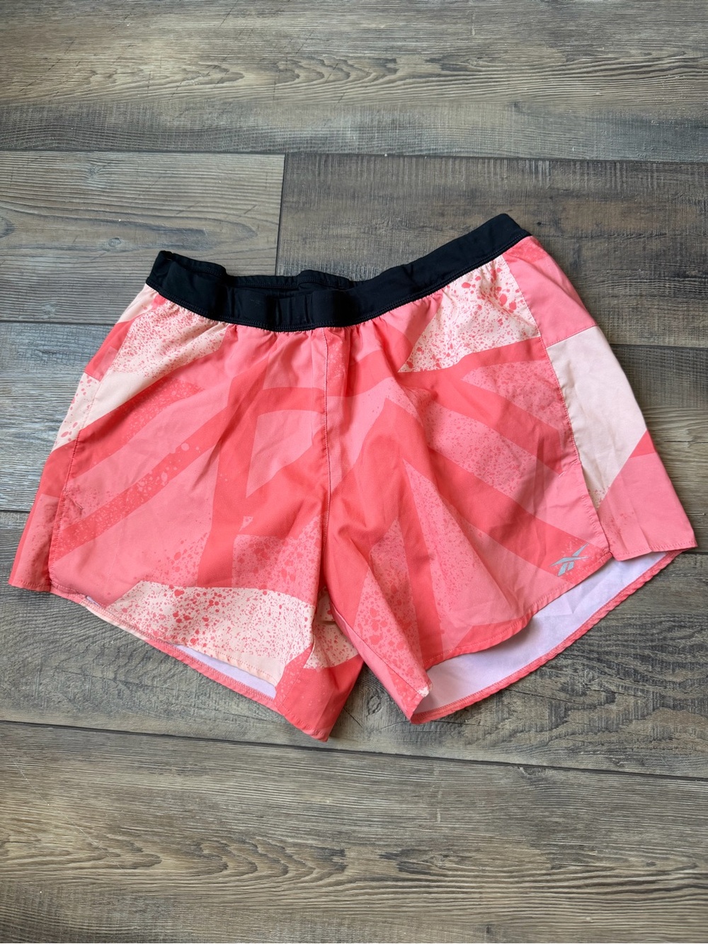 Reebok Coral Pink Patterned Athletic Shorts with Black Waistband